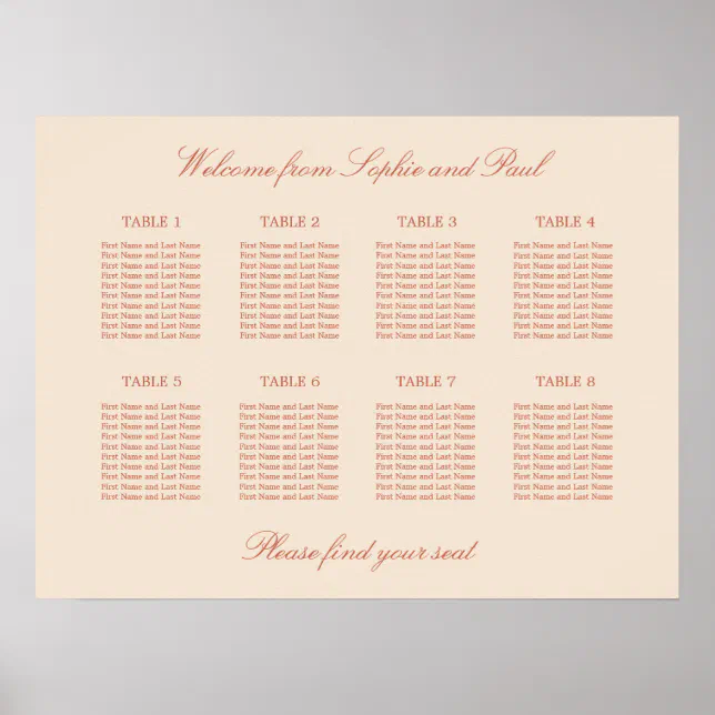 Terracotta Script 8 Table Wedding Seating Poster