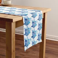 Artistic Blue Coffee Cup with Swirling Patterns Short Table Runner