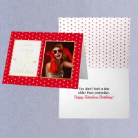 50 and Fabulous Name Photo Red White Birthday Gold Foil Greeting Card