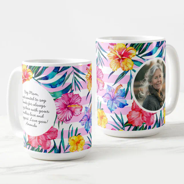 Tropical Floral | Pink Stripe | Mother's Day Photo Coffee Mug
