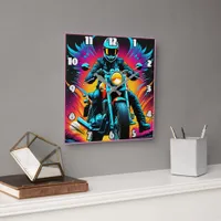 Fiery motorcycle rider in vibrant sunset glow square wall clock