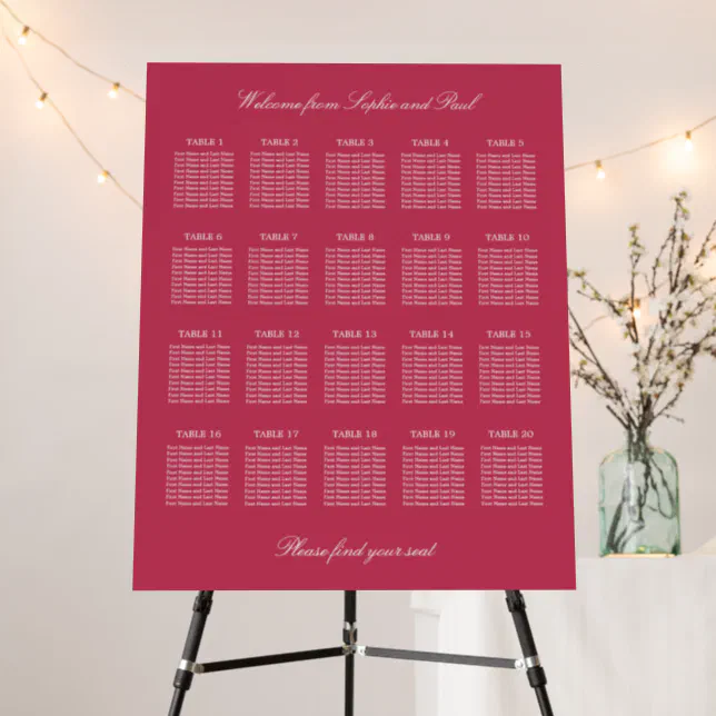 Cherry Magenta 20 Table Wedding Seating Chart Foam Board