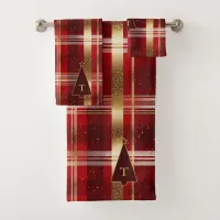 Red Gold Christmas Tree Tartan Pattern#7 ID1009 Bath Towel Set