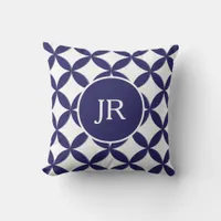 Hamptons Blue and White Geometric Circle Pattern Throw Pillow