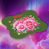 Monogrammed Name Pink Roses | Paper Coaster