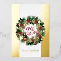 Luxurious Christmas wreath personalizable gold Foil Holiday Card