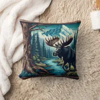 Majestic Moose by River in Mountain Landscape Throw Pillow