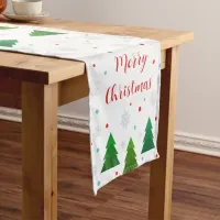 Christmas tree forest, snowflakes, red blue dots short table runner