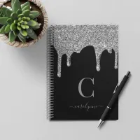 Chic Black Silver Sparkle Glitter Drips Monogram Notebook