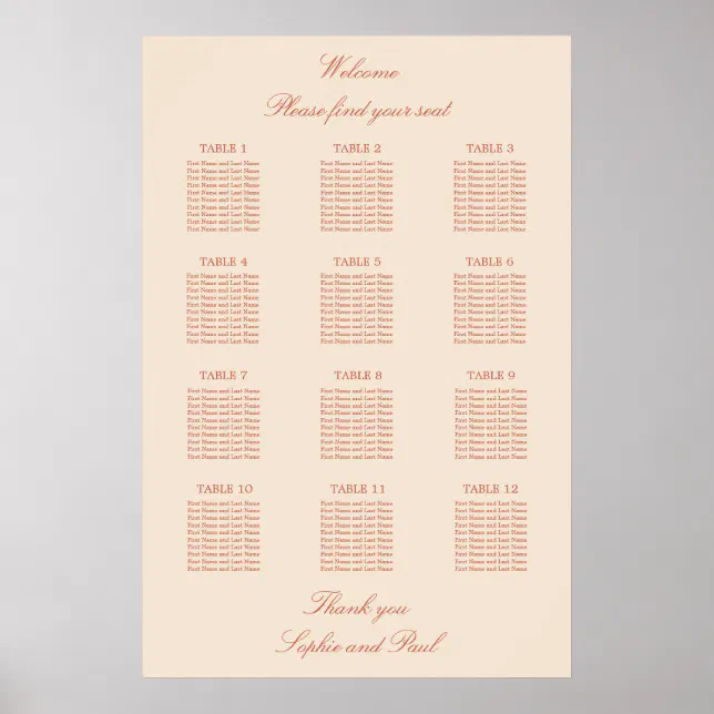 Terracotta Script 12 Table Wedding Seating Poster