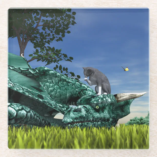 Surprise Visitor - Cute Cat on Dragon’s Head Glass Coaster