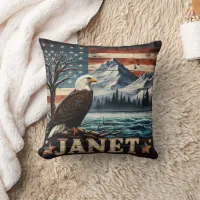 Eagle Soars Over Mountains and Flags Throw Pillow