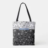 Floral Color Block Pattern Black White with Name Tote Bag