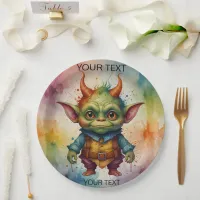 Cute happy colorful funny little goblin creature paper plates