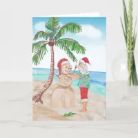 Watercolor Santa and Sandy Snowman Christmas Card