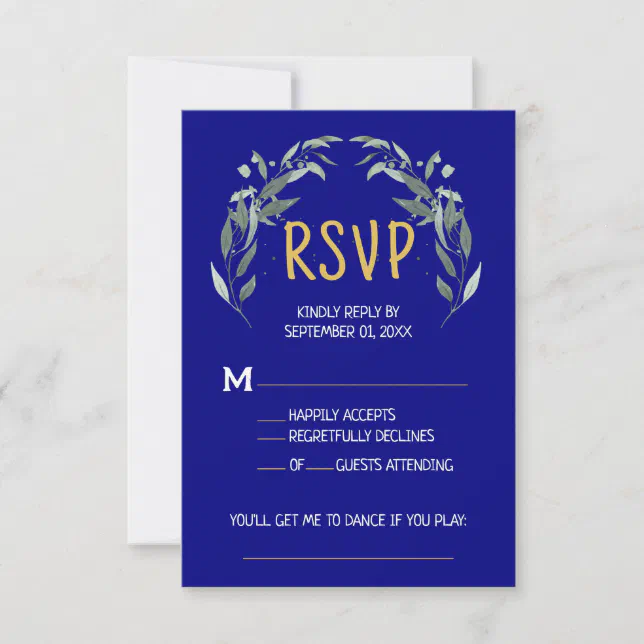 Simple Eucalyptus Greenery Navy Blue and Gold RSVP
