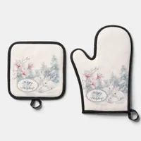 Cute White Rabbits in Snow Winter Holiday Oven Mitt & Pot Holder Set