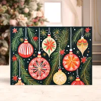 Retro Christmas Ornaments and Pine Branches Holiday Card