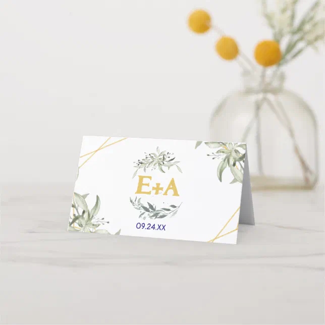 Simple Eucalyptus Greenery Navy Blue and Gold Place Card