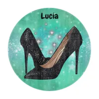 Black Glitter High Heel Shoe on Green | Cutting Board