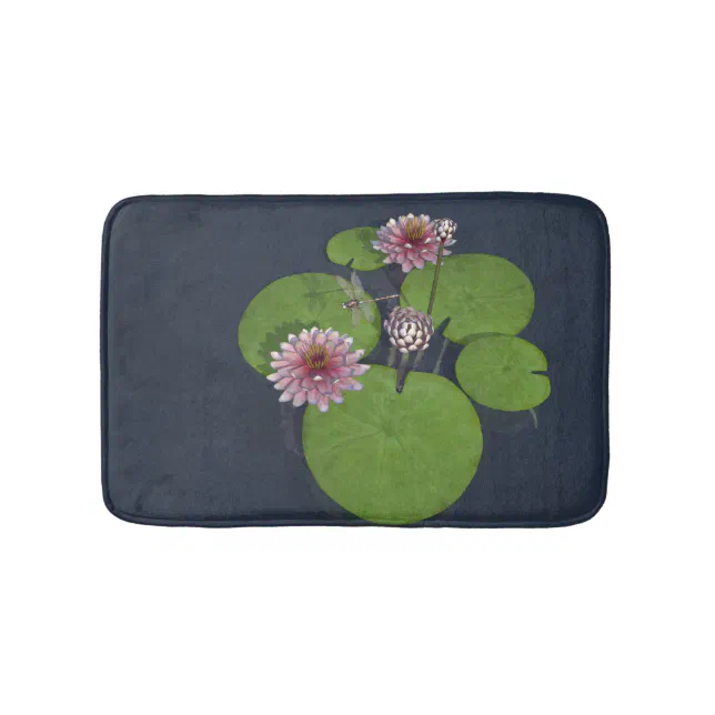 Pretty Pink Water Lily and Dragonfly Bath Mat