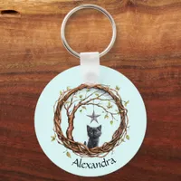 Cute Black Kitten Watching a Star Keychain