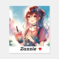 Cute Anime Girl Holding a Boba Tea Sticker