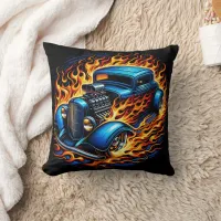 Hot rod blazing through fiery streets at night throw pillow