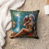 Native American Woman Holding Eagle By Lake Throw Pillow