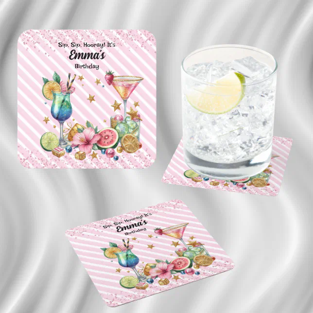 Pink Cocktail Candy Glitter Birthday Square Paper Coaster