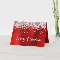 Silver Glitter Red Merry Christmas Family Photo Card