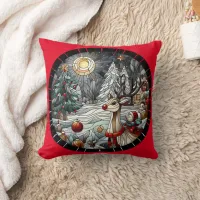 Festive reindeer in a winter wonderland at dusk throw pillow