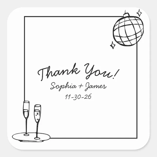 Retro Disco Personalized Wedding Thank You Square Sticker