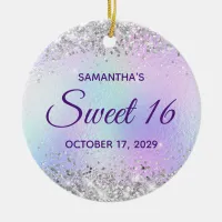 Silver Glitter Turquoise Blue Foil Sweet 16 Ceramic Ornament