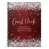 Silver Glitter Dark Red Ombre 40th Birthday Guest Notebook