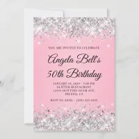 Silver Glitter Pink Fancy Monogram 50th Birthday Invitation