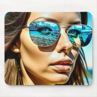 Pretty Woman with Reflection of Beach Sunglasses Mouse Pad