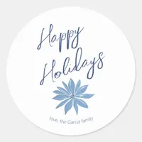 Blue Poinsettia Minimal Happy Holidays Christmas Classic Round Sticker