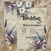 Rustic Wildflowers Bouquet on Parchment Wedding Invitation