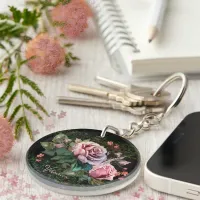 Pink Roses on black  Keychain