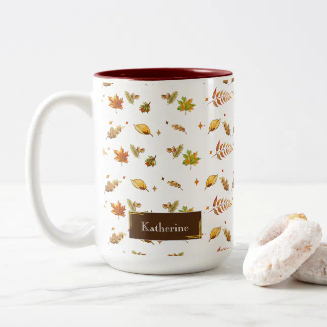 Thanksgiving Watercolor Fall Leaves Monogram Two-Tone Coffee Mug