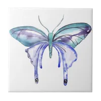 watercolor aqua blue purple butterfly tile