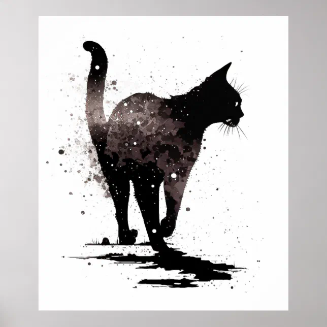 Walking Cat Silhouette Black on White Poster