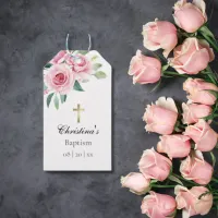 Elegant Watercolor Pink Rose Baptism Gift Tag