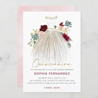 Burgundy gold glitter Floral Dress Quincea&#241;era Invitation