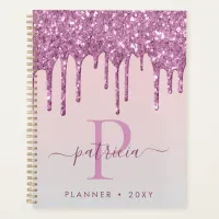 Glam Pink Glitter Drips Elegant Monogram  Planner