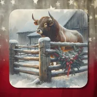 Cute Bull on a  Rustic Farm Christmas Square Sticker