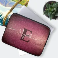 Monogram Wine Red Glitter Girly Glam Laptop Sleeve