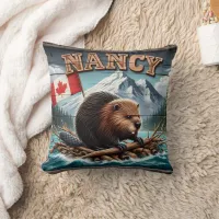 Beaver on Raft With Flag in Scenic View Throw Pillow