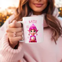 Personalized Christmas Elf Pink Snowflakes Holiday Coffee Mug